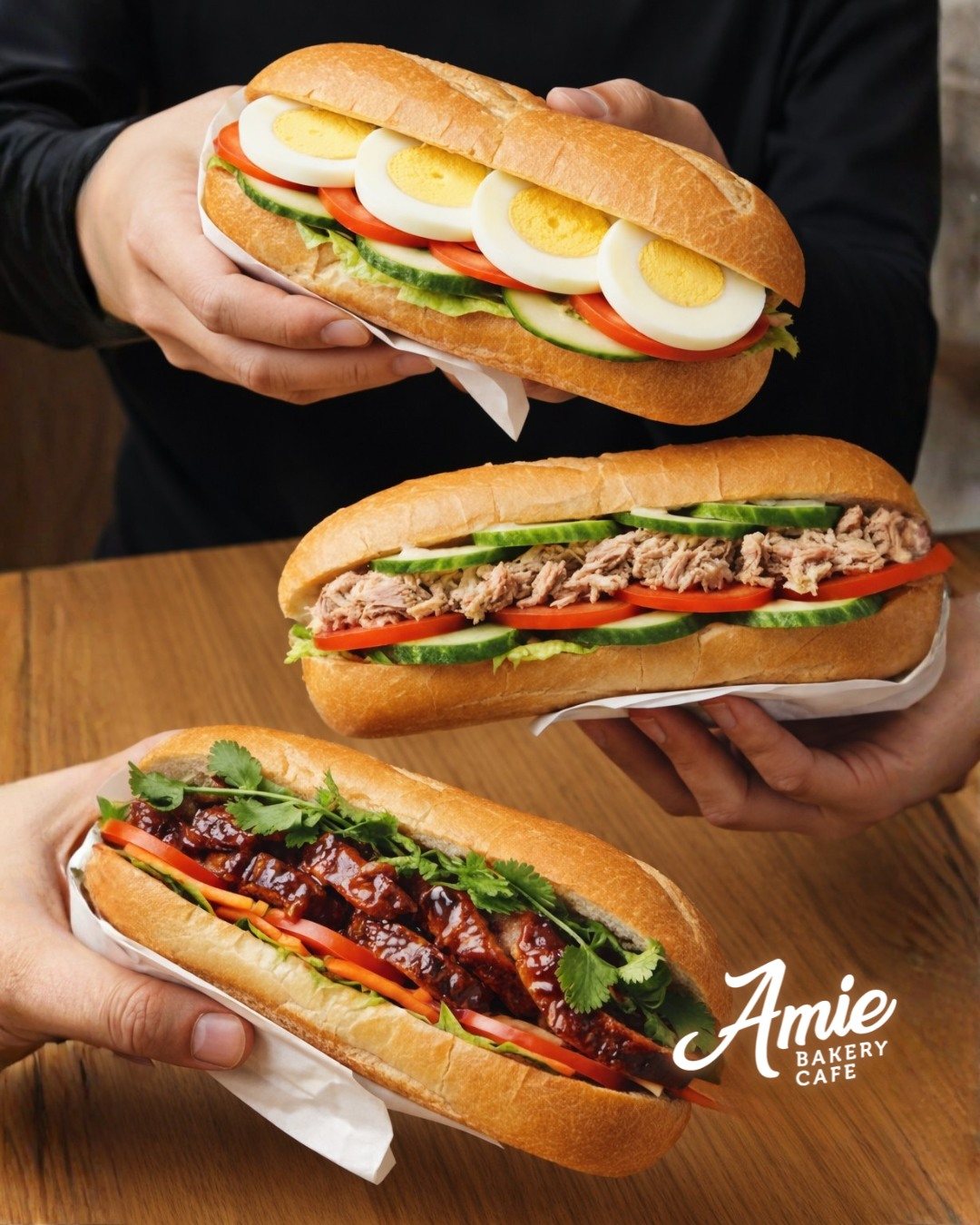 Hands holding three filled baguettes — egg, tuna and glazed pork — over a wooden table, with the Amie Bakery Café logo